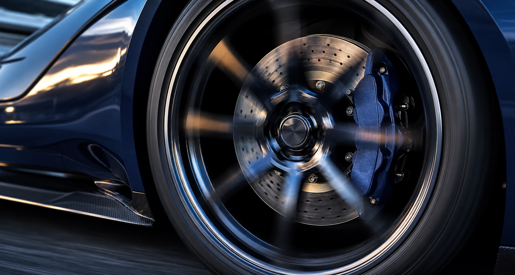 Close-up of a performance wheel spinning at speed