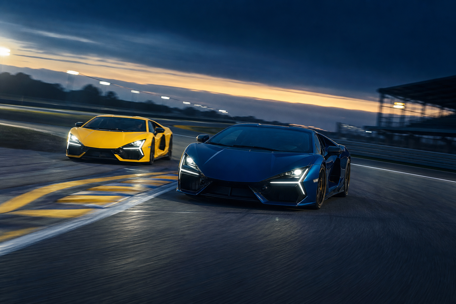 Two high-performance supercars racing on a circuit
